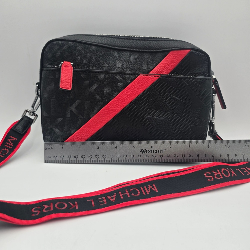 Michael Kors Black Monogram Camera Bag Red Stripe Adjustable Strap - Picture 9 of 10
